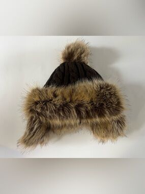 Faux Fur Pom Pom Hat Brown Knit Ear Flap Trapper winter cozy Festival Hat OS